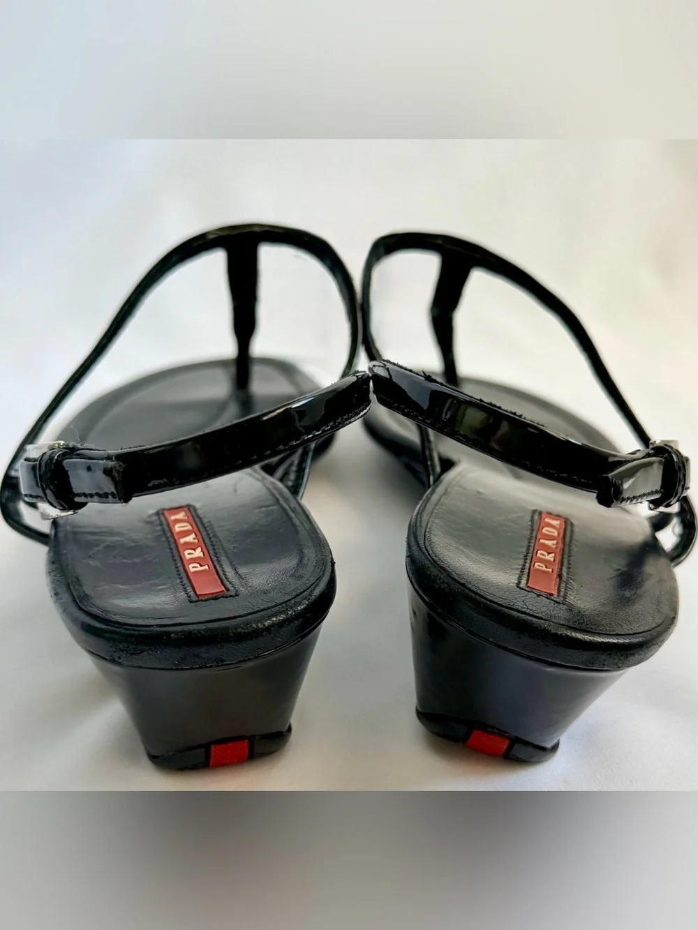 Prada Linea Rossa Vintage Y2K Black Patent Leather T-Strap Wedge Sandals 39 US 8